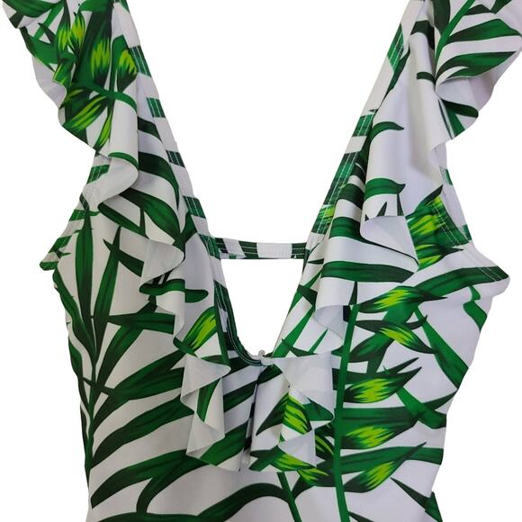 Palm Print Swimsuit S Ruffle Tropical Plunging Neckline One Piece Beach Pool - Picture 4 of 6